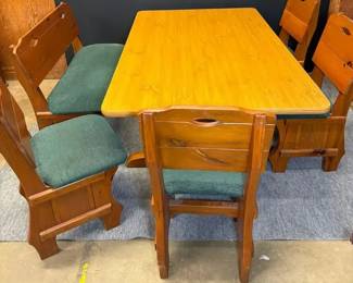 Vintage Solid Wood Dining Set Trestle Table Hunter Green Upholstered Bench 4 Chair