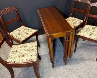 Solid Wood Dropleaf Table With 4 Duncan Phyfestyle Mahogany Side Chair With Carved Rose Motif