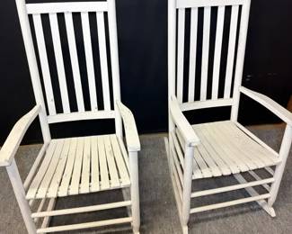 Pair Of White Wooden Porch Rocking Chair Slatted Seat Back
