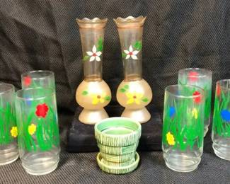 Vintage Hand painted Frosted Vases, Floral MCM Glass Tumblers And McCoy Small Green Planter
