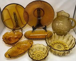 Autumnal Amber Glass Serving Ware Collection Bowls, Condiment Dishes And Pitcher