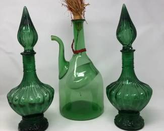 Vintage Green Genie Bottles And Italian Green Glass Wine Decanter