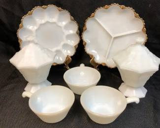 Vintage White Milk Glass Pedestal Candy Dishes, Condiment Egg Plates And Anchor Hocking Ramekins