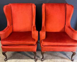 Vibrant Redorange Wingback Chairs With Queen Anne Style Cabriole Legs