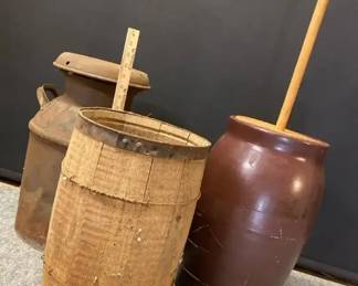 Vintage Milk Containers ,Butter Turner N Wood Barrel