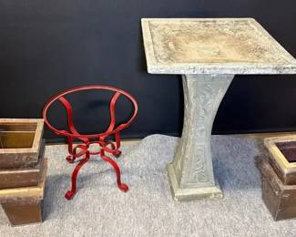 Large Concrete Birdbath Red Wrought Iron Table Frame Copper Colored Planters