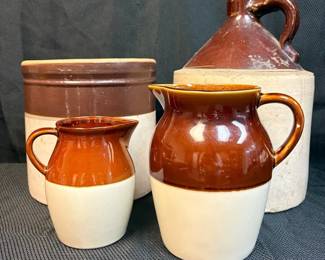 Antique Twotone Stoneware 2 gallon Pickling Crock, Milk Pitcher, Jug, And Two Smaller Pitchers