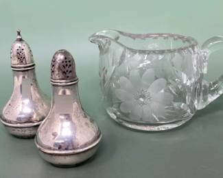 Wallace Sterling Silver Hallowware Pattern Salt Pepper Shakers And Antique McKee Innovation Glass