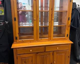Solid Pine Lighted Hutch Buffet Combo Cabinet