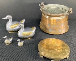 Vintage Brass And Pewter Nesting Ducks, Copper Pot With Rod Iron Handle, Brass Stand