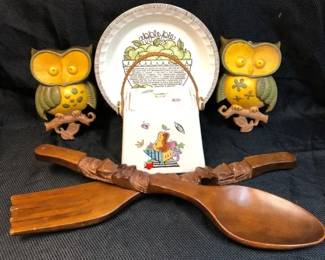 Retro Kitchen Decor Sexton Metal Owl Wall Hangings, Royal Jeannette Pie Plate, Canister And More