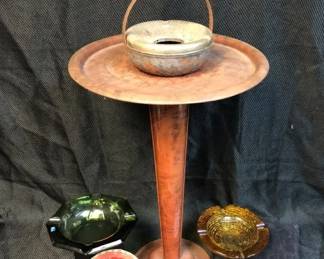 Vintage Metal Floor Standing Ashtray With Vintage Metal And Glass Table Ashtray