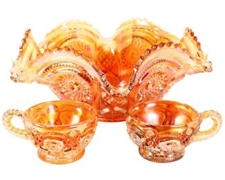 Marigold Carnival Glass Punch Bowl & 2 Cups