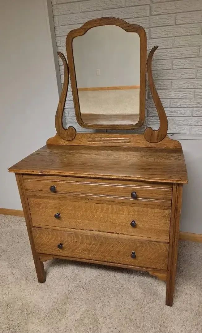 Antique Oak Dresser with Adjustable Swivel Mirror