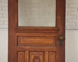 Antique Victorian Carved Oak Door with Frosted Glass Original Hardware