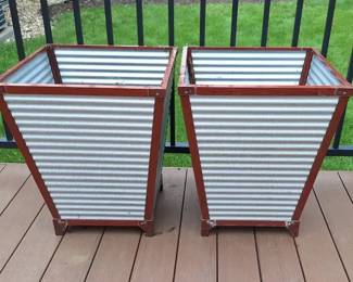 Pair of Corrugated Metal Outdoor Planters 23 Tall