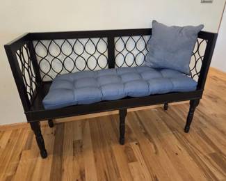 Black Metal Wood Indoor Bench with Blue Cushion Pillow