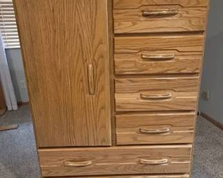 Oak Wardrobe Chest with Cabinet 6 Drawers