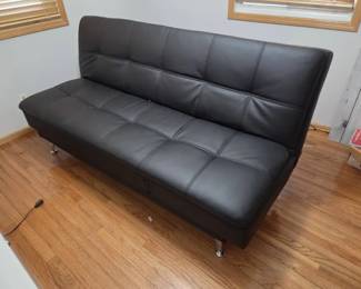 Black Faux Leather Convertible Futon Sofa with USB Power Outlets