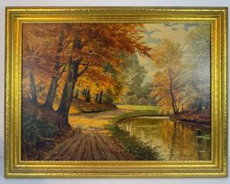 Vintage Signed Autumn Landscape Oil Painting in Gilt Frame