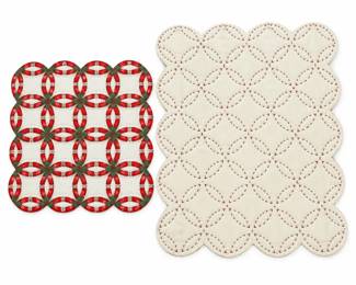 Two Decorative Quilts Patchwork Ring Design Embroidered Floral Scalloped Quilt