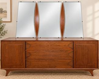 Vintage MidCentury Modern Walnut Dresser with Mirror Sculptural Drawers