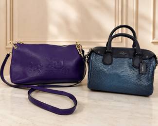 Coach New York Purple Leather Shoulder Bag Blue Embossed Satchel Handbag