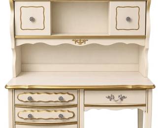 Ornate Cream Gold Secretary Desk with Hutch, Drawers Cabinet Storage