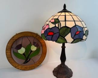 Stained Glass Floral Table Lamp with Decorative Base Framed Stained Glass Wall Art