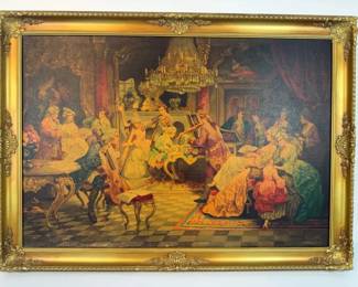Geo. Wohlking Signed Royal Court Musical Salon Scene in Ornate Gold Gilt Frame