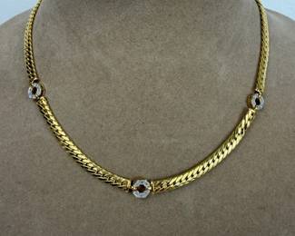 14K Yellow Gold Woven Link Necklace with White Gold Clear Stone Accents