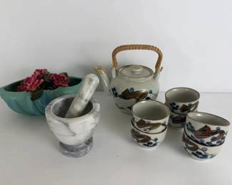 Van Briggle Pottery Planter, Asian Tea Set Marble Mortar and Pestle