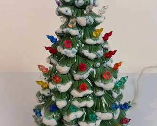 Vintage Ceramic Lighted Christmas Tree with Multicolor Bulbs Snow Accents