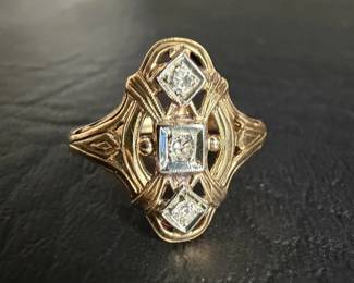 14K Gold Ring with Three Single Cut Diamonds