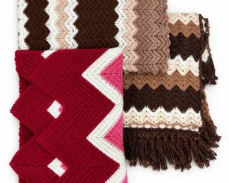 Handmade Crochet Chevron Blankets 3 Brown, Pink, Cream Fringe Throws