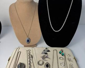 Vintage Sterling Silver Jewelry Collection with Rhinestones, Pendants Brooches