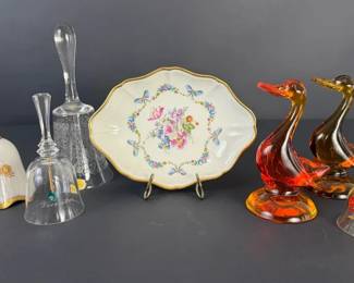 Vintage Limoges France Floral Dish, Art Glass Ducks Decorative Bell Collection