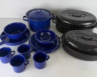 Speckled Enamelware Camping Cookware, Roasters, Stockpot, Pans Mugs