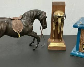 Vintage Leather Horse, Post Office Door Piggy Bank, Horse Gag Trophy