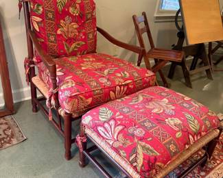 Wesley Hall walnut ladderback oversize rush club armchair and matching ottoman