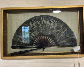 Framed black lace antique fan