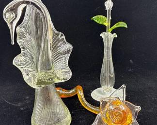 Vintage Handblown Glass Swan, Hand Crafted Hand Blown Glass Flowers 3pc Set