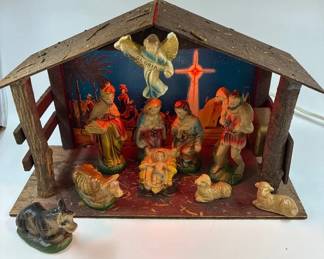 Vintage MidCentury Lighted Wooden Nativity Set Japan
