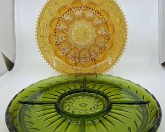 Vintage Indiana Glass Amber Deviled Egg Tray And Avocado Green Relish Tray