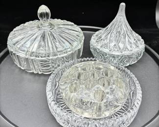 Vintage Pressed Glass Vanity Dishes Flower Frog 3 Pc