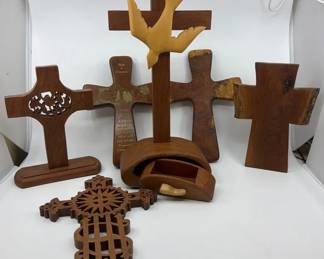 Wooden Christian Cross Collection Standing, Carved Scripture Crosses