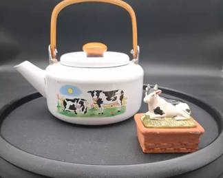 Vintage Enameled Metal Cow Tea Kettle and Trinket Box