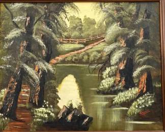 Original Vintage Wooded River Landscape Oil Painting Signed Gypsie