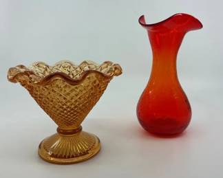 Vintage Amber Glass Pedestal Compote Hand Blown Amberina Red Crackle Glass 2PC Set