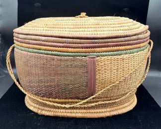 Vintage Handwoven Lidded Coil Basket with Handle Multicolor Woven Design